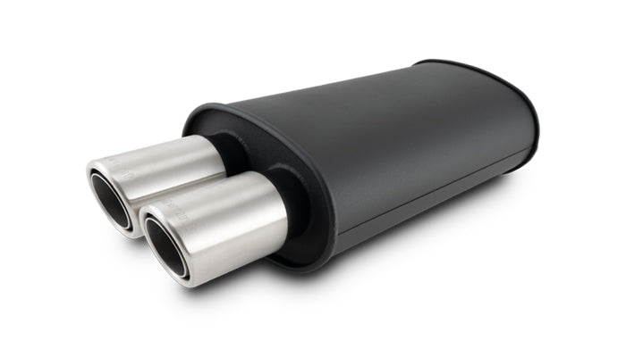 Vibrant Performance - 12310- STREETPOWER FLAT BLACK Oval Muffler With Dual 304SS Brushed Tips; Inlet ID: 2.50 In (63.5mm) Tip OD: 3.00 In (76.2mm); Muffler Body Size: 9 InW X 5 InH X 15 InL; Tip Location: Center Of End Cap