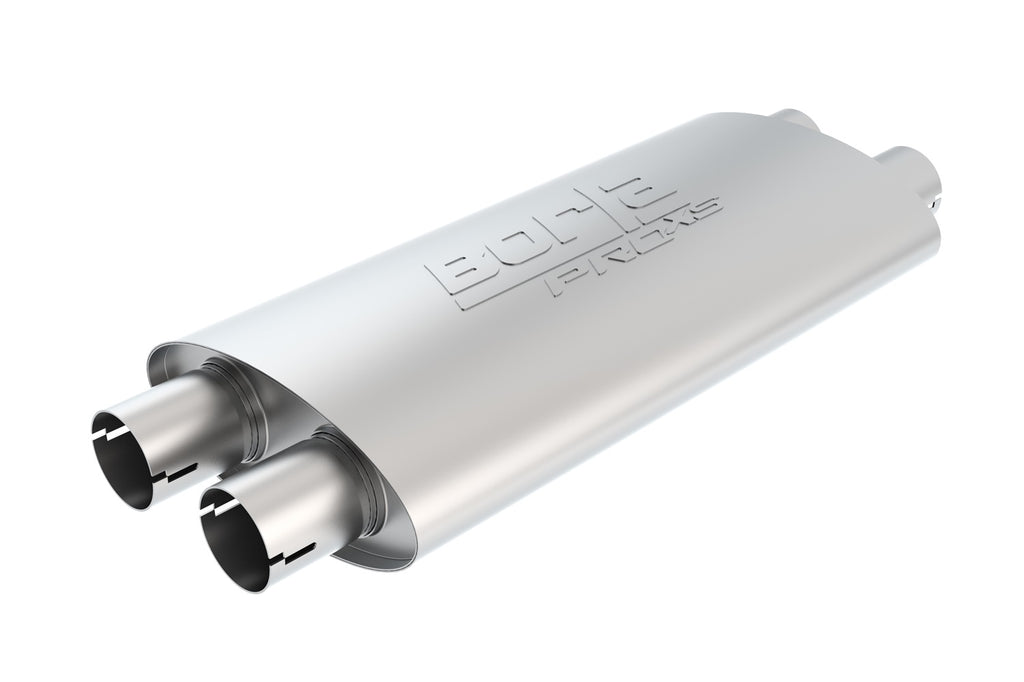 ProXS Muffler 2.25in Dual Inlet / 2.25in Dual Outlet 4in X 9.5in Oval X 19in Long Body Notched Necks